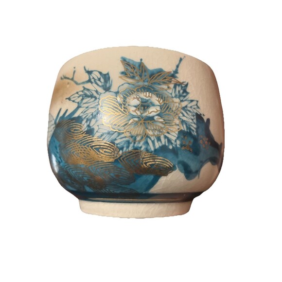 2 Vintage Kutani Japanese Tea cups peacock gold Teal Blues 3x3 Asian Art ceramic - Picture 2 of 16